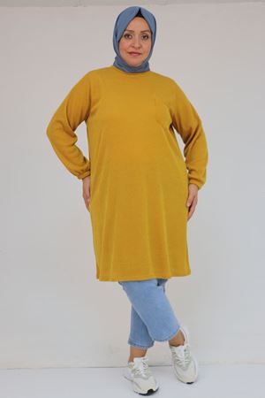 58104 Büyük Beden Kolu Lastikli Cepli Mir Tunik - Hardal