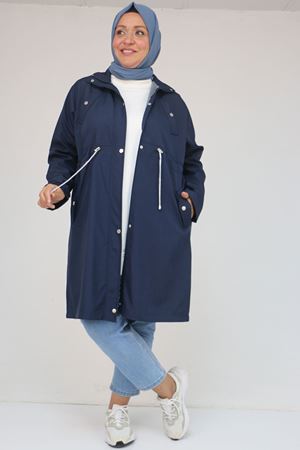 43054 Büyük Beden Belden Bağlamalı Çizgili Bondit Trençkot - Lacivert