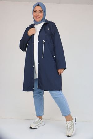 43054 Büyük Beden Belden Bağlamalı Çizgili Bondit Trençkot - Lacivert