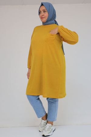 58104 Büyük Beden Kolu Lastikli Cepli Mir Tunik - Hardal
