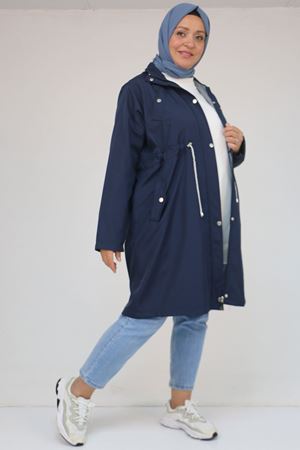 43054 Büyük Beden Belden Bağlamalı Çizgili Bondit Trençkot - Lacivert