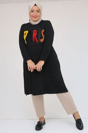58107 Büyük Beden Önü Paris Baskılı Mir Tunik - Siyah