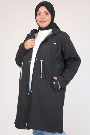 43054 Büyük Beden Belden Bağlamalı Çizgili Bondit Trençkot - Siyah