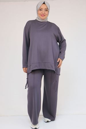 57050 Büyük Beden Etek Ucu Parçalı Modal Pantolonlu Takım - Antrasit