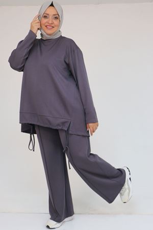 57050 Büyük Beden Etek Ucu Parçalı Modal Pantolonlu Takım - Antrasit