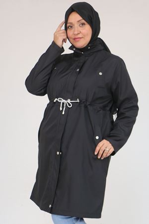 43054 Büyük Beden Belden Bağlamalı Çizgili Bondit Trençkot - Siyah