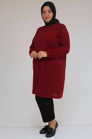 58104 Büyük Beden Kolu Lastikli Cepli Mir Tunik - Bordo