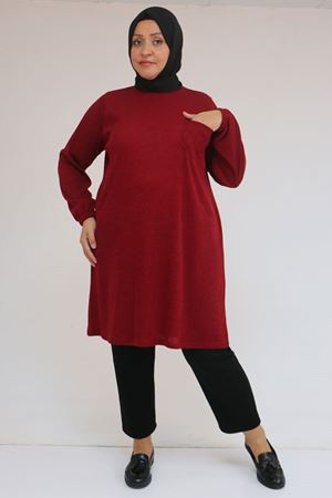 58104 Büyük Beden Kolu Lastikli Cepli Mir Tunik - Bordo