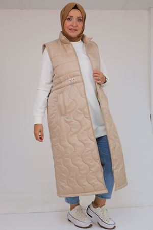 44009 Büyük Beden Bebe Lastiği Detaylı Kapitone Yelek - Vizon