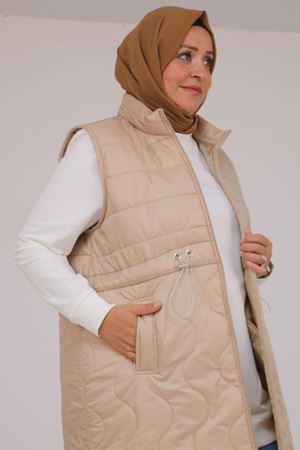 44009 Büyük Beden Bebe Lastiği Detaylı Kapitone Yelek - Vizon