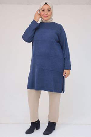58103 Büyük Beden Biye Detaylı Mir Tunik - İndigo
