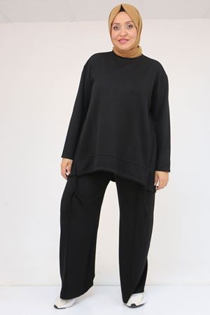 57050 Büyük Beden Etek Ucu Parçalı Modal Pantolonlu Takım - Siyah