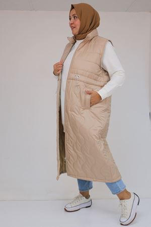 44009 Büyük Beden Bebe Lastiği Detaylı Kapitone Yelek - Vizon