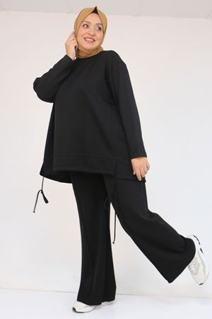 57050 Büyük Beden Etek Ucu Parçalı Modal Pantolonlu Takım - Siyah