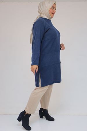 58103 Büyük Beden Biye Detaylı Mir Tunik - İndigo