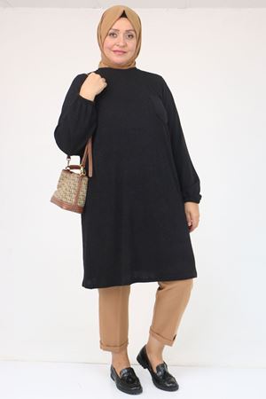 58104 Büyük Beden Kolu Lastikli Cepli Mir Tunik - Siyah