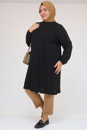 58104 Büyük Beden Kolu Lastikli Cepli Mir Tunik - Siyah