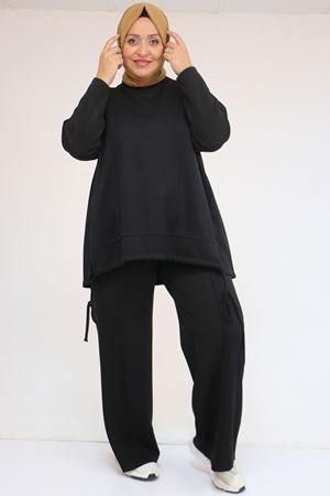 57050 Büyük Beden Etek Ucu Parçalı Modal Pantolonlu Takım - Siyah