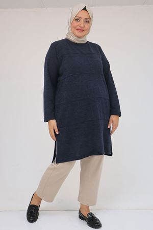 58103 Büyük Beden Biye Detaylı Mir Tunik - Lacivert