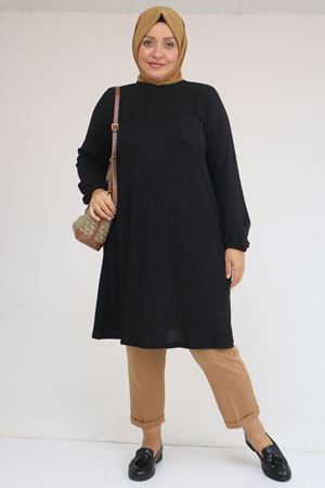 58104 Büyük Beden Kolu Lastikli Cepli Mir Tunik - Siyah