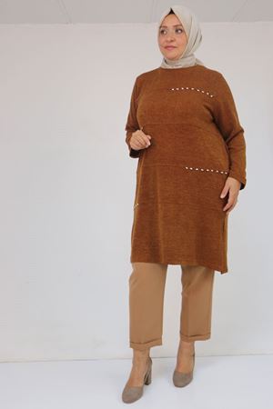 58113 Büyük Beden Dikme Taş Detaylı Çımalı Mir Tunik - Taba