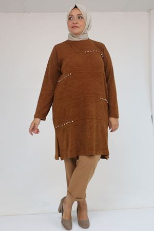 58113 Büyük Beden Dikme Taş Detaylı Çımalı Mir Tunik - Taba