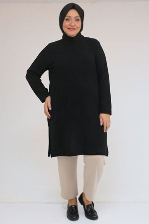58103 Büyük Beden Biye Detaylı Mir Tunik - Siyah