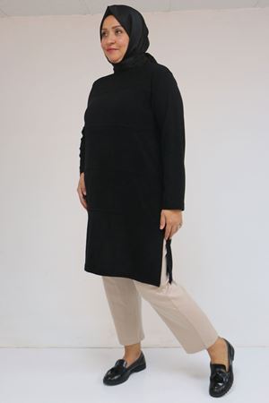 58103 Büyük Beden Biye Detaylı Mir Tunik - Siyah