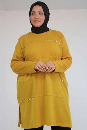 58113 Büyük Beden Dikme Taş Detaylı Çımalı Mir Tunik - Hardal