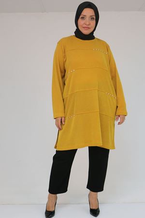 58113 Büyük Beden Dikme Taş Detaylı Çımalı Mir Tunik - Hardal