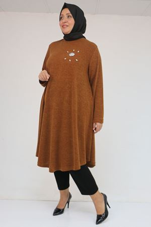 58117 Büyük Beden Taş Detaylı Mevlana Mir Tunik - Taba