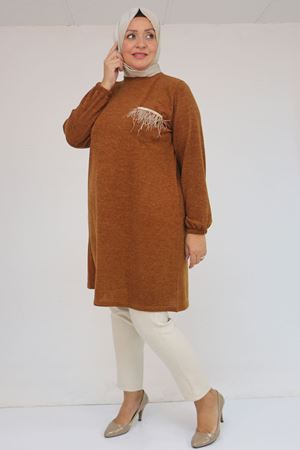 58114 Büyük Beden Kolları Lastikli Cebi Püskül Detaylı Mir Tunik - Taba