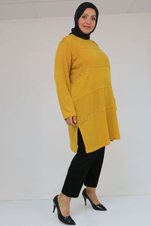 58113 Büyük Beden Dikme Taş Detaylı Çımalı Mir Tunik - Hardal