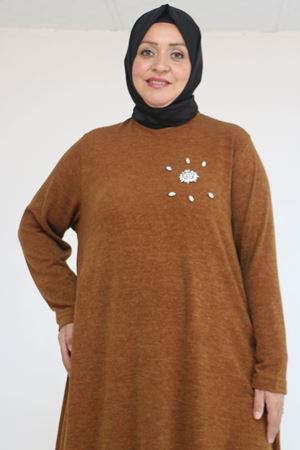 58117 Büyük Beden Taş Detaylı Mevlana Mir Tunik - Taba