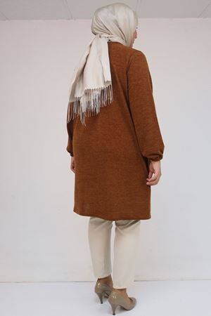 58114 Büyük Beden Kolları Lastikli Cebi Püskül Detaylı Mir Tunik - Taba