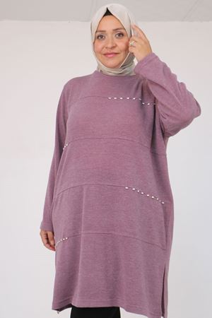 58113 Büyük Beden Dikme Taş Detaylı Çımalı Mir Tunik - Gül Kurusu