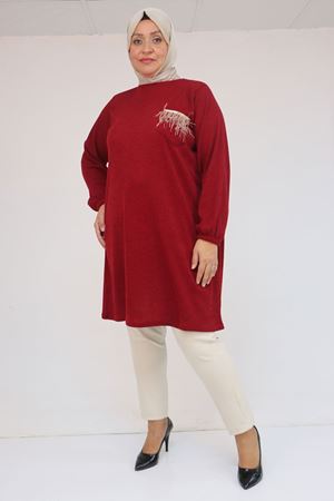 58114 Büyük Beden Kolları Lastikli Cebi Püskül Detaylı Mir Tunik - Bordo