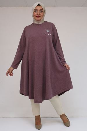58117 Büyük Beden Taş Detaylı Mevlana Mir Tunik - Gül Kurusu