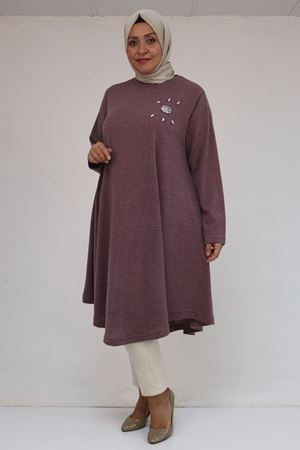 58117 Büyük Beden Taş Detaylı Mevlana Mir Tunik - Gül Kurusu