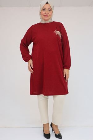 58114 Büyük Beden Kolları Lastikli Cebi Püskül Detaylı Mir Tunik - Bordo