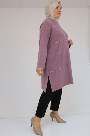 58113 Büyük Beden Dikme Taş Detaylı Çımalı Mir Tunik - Gül Kurusu