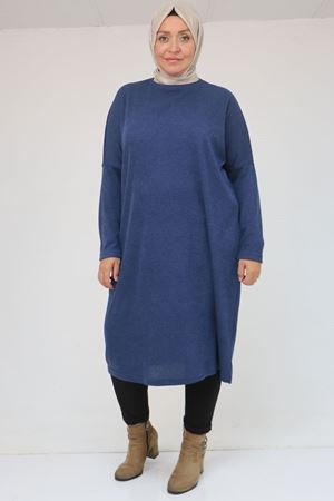 58101 Büyük Beden Düşükkol Mir Tunik - İndigo