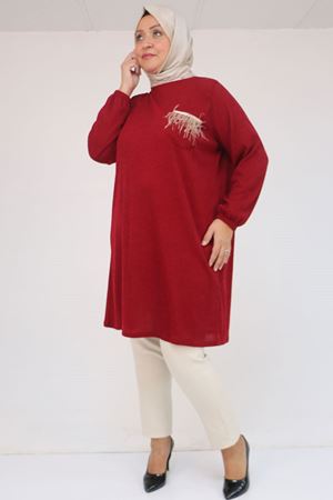 58114 Büyük Beden Kolları Lastikli Cebi Püskül Detaylı Mir Tunik - Bordo