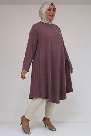 58117 Büyük Beden Taş Detaylı Mevlana Mir Tunik - Gül Kurusu