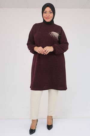 58114 Büyük Beden Kolları Lastikli Cebi Püskül Detaylı Mir Tunik - Mürdüm