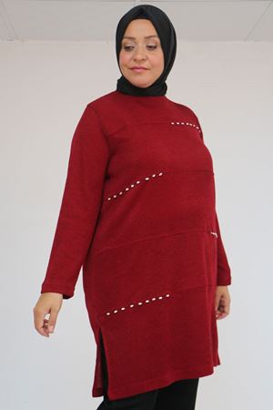 58113 Büyük Beden Dikme Taş Detaylı Çımalı Mir Tunik - Bordo