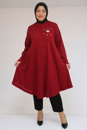 58117 Büyük Beden Taş Detaylı Mevlana Mir Tunik - Bordo