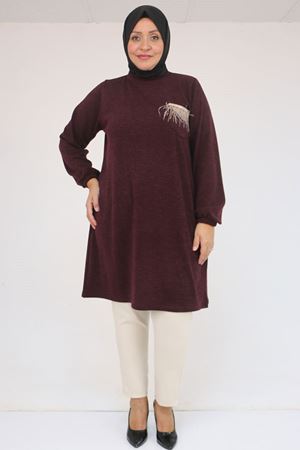 58114 Büyük Beden Kolları Lastikli Cebi Püskül Detaylı Mir Tunik - Mürdüm