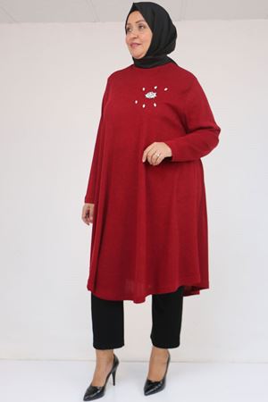 58117 Büyük Beden Taş Detaylı Mevlana Mir Tunik - Bordo