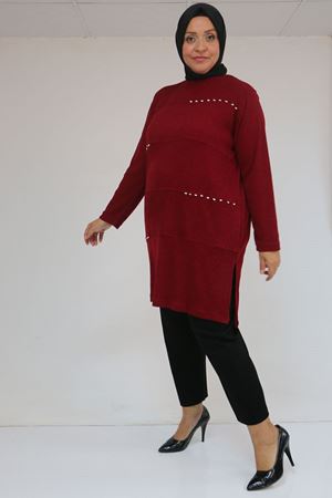 58113 Büyük Beden Dikme Taş Detaylı Çımalı Mir Tunik - Bordo